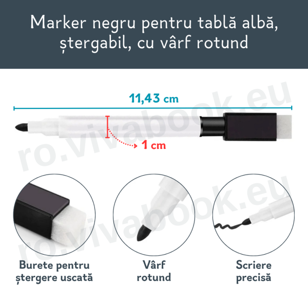 Marker pentru tablă albă, ștergabil, cu vârf rotund, 1 buc, Negru