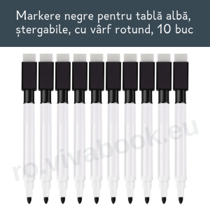10 markere pentru tablă albă, ștergabile, cu vârf rotund, negre