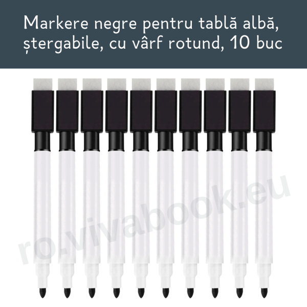 10 markere pentru tablă albă, ștergabile, cu vârf rotund, negre