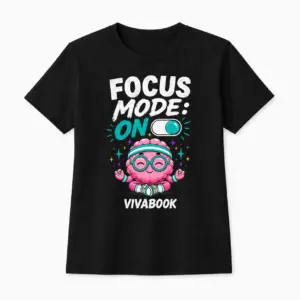 Tricou cu mesajul „Focus Mode ON”, Pentru copii, Negru, Din bumbac, Design original de la Vivabook