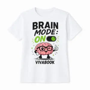 Tricou cu mesajul „Brain Mode ON”, Pentru copii, Alb, Din bumbac, Design original de la Vivabook